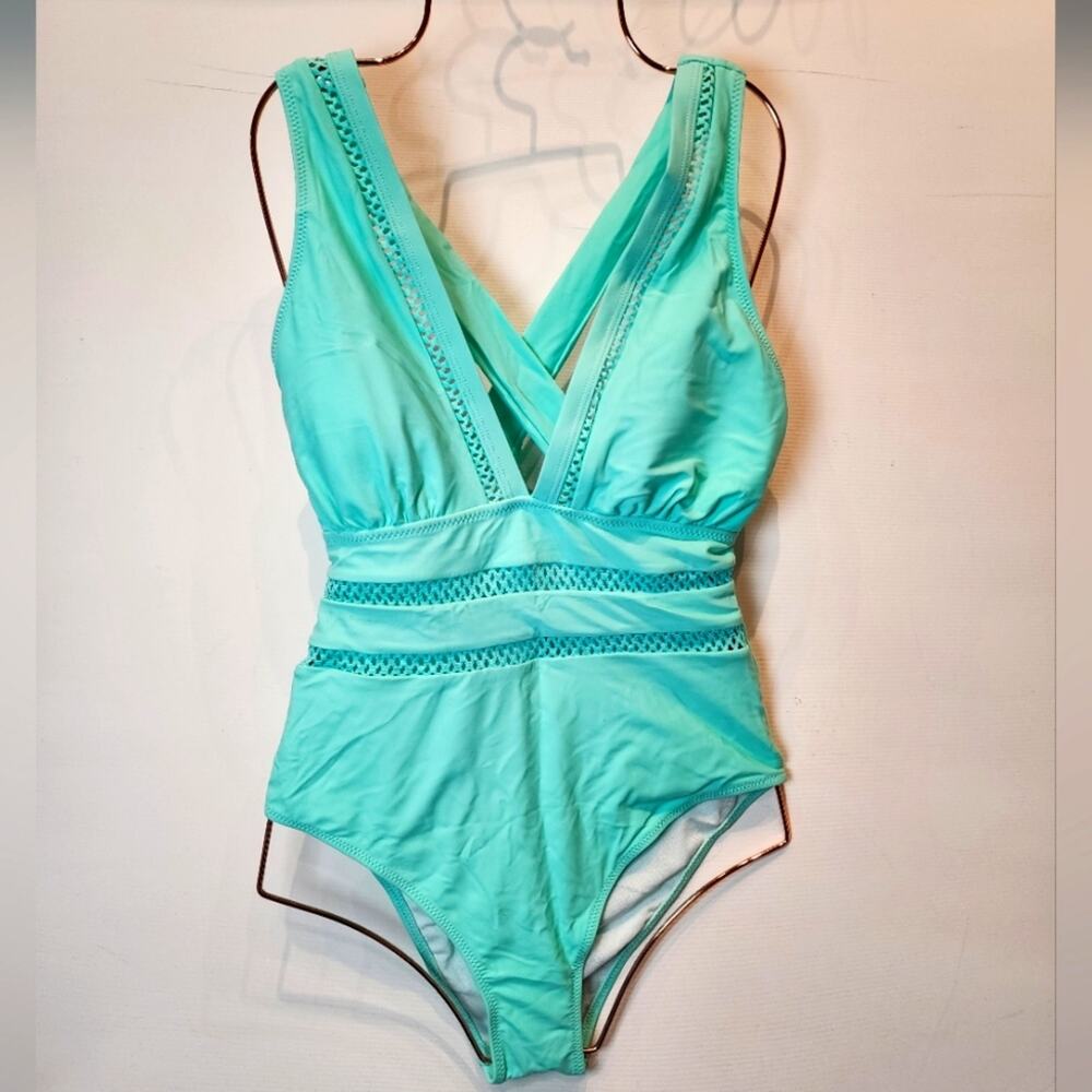 New Tempt Me Aqua One Piece Swimsuit‎ NWT Teal Green Peek a Boo Bathing Suit S